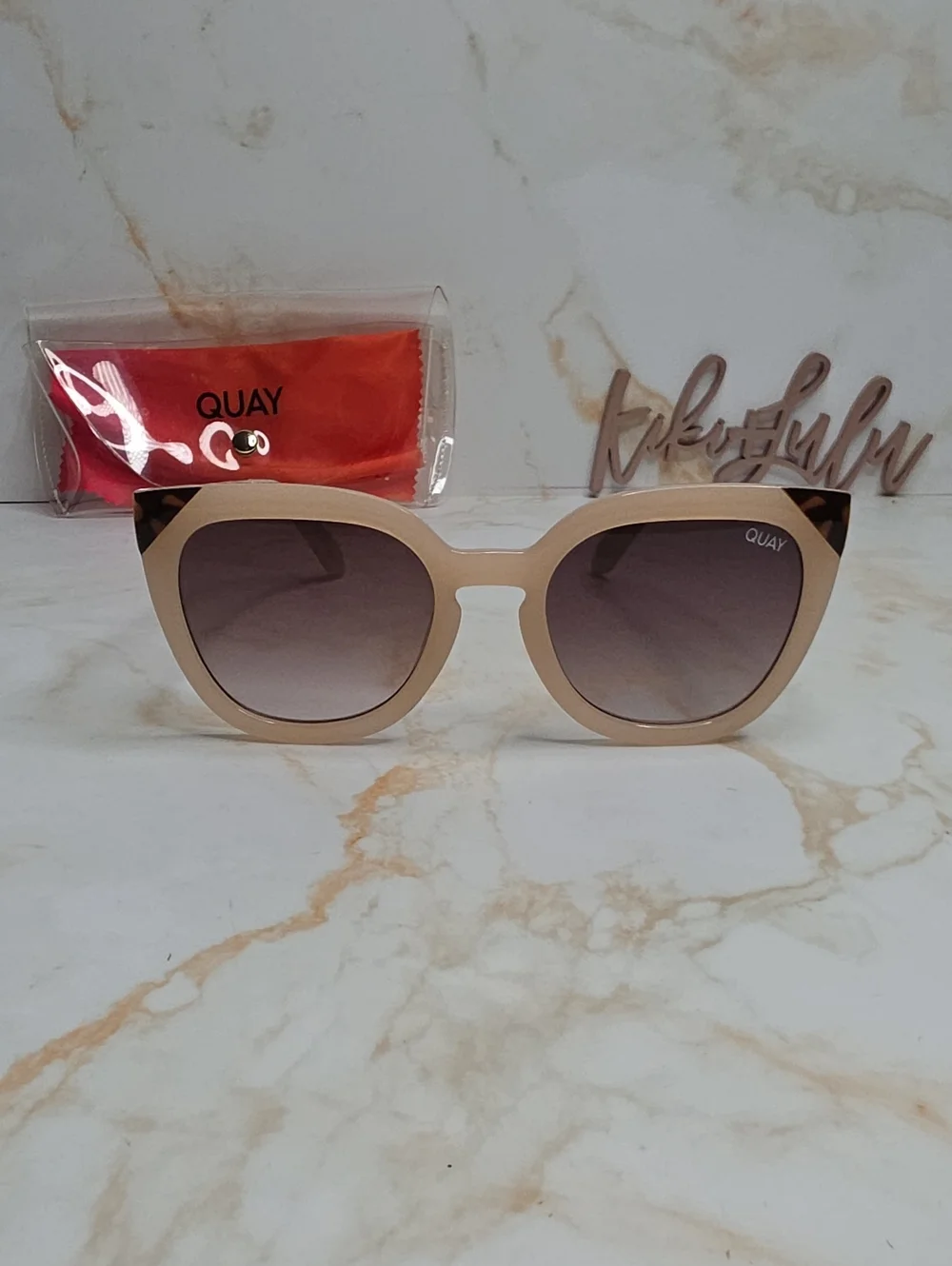 Quay Australia Noosa Nude Beige Cat Eye Sunglasses with Tortoiseshell Tips